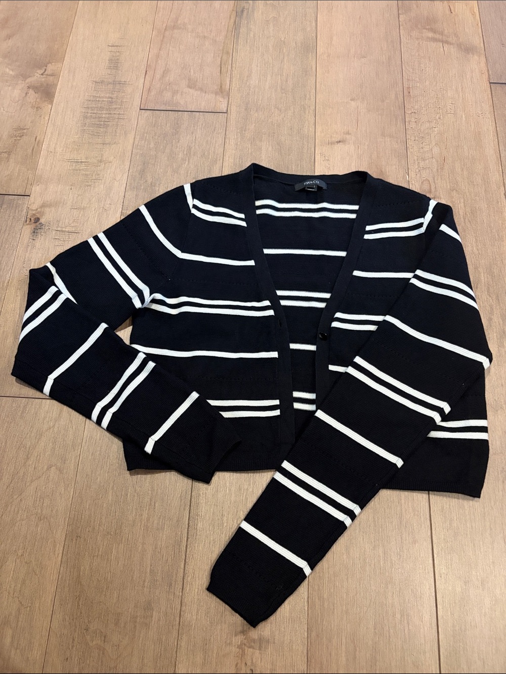RW&CO. Black and White Striped Cropped V-Neck Cardigan